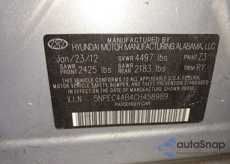 2012 Hyundai Sonata Se 2.0T from USA, damaged, VIN 5NPEC4AB4CH458989